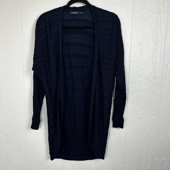 Lauren Ralph Lauren Cardigan Cable Knit Open Curved Hem Long Line Cardigan Med - Picture 2 of 10